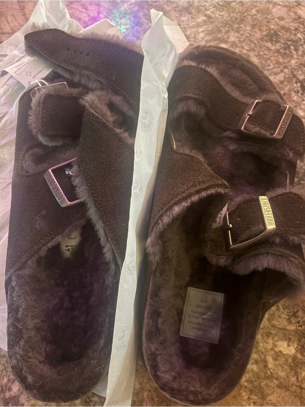 Birkenstock Faux-Fur Two-Strap Slide Mules in Dark Brown